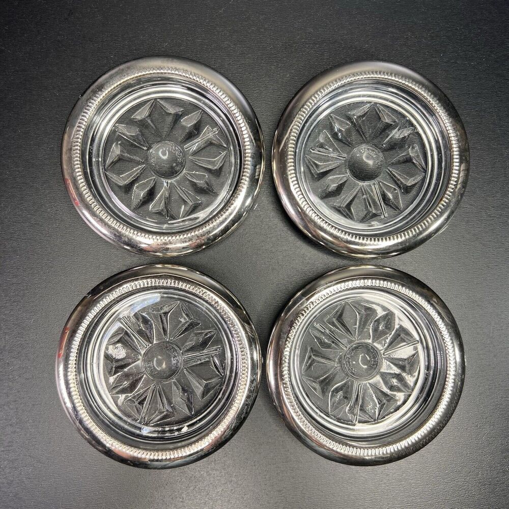 Vintage Silver Plate Trim Glass Coasters Set Of 4 Made In Italy